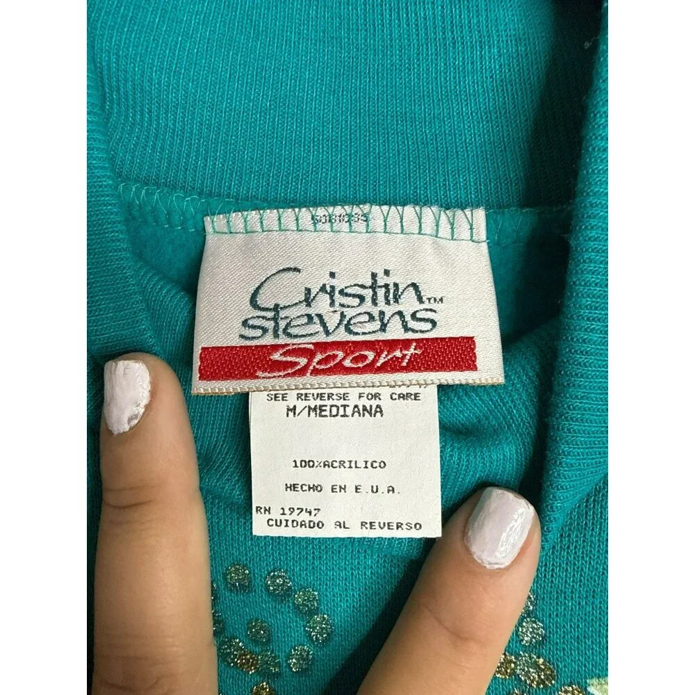 VTG Cristin Steven’s Sport Medium Mock Neck Blue Floral Sweater Glitter Jewels